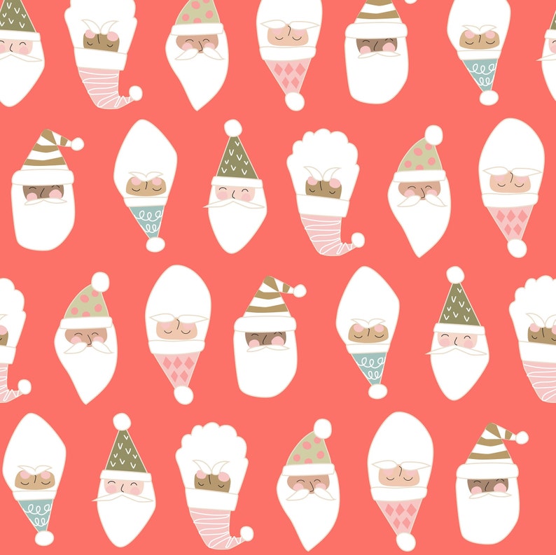 May include: A seamless pattern featuring a variety of Santa Claus faces with different hats and facial expressions on a coral background.