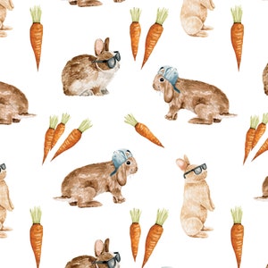 Bunny and Carrot Fabric, Easter Fabric, Fabric by the Yard, Quilting Cotton, Broadcloth, Fat Quater, Sateen, Bamboo, Jersey, French Terry