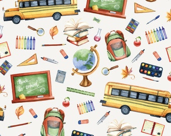 May include: A watercolour illustration of school supplies, including a yellow school bus, a globe, a backpack, crayons, paint palettes, a magnifying glass, a compass, a ruler, and a chalkboard with the text "Back to school".