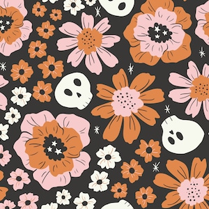 Skull Floral Fabric, Fabric by the Yard, Halloween Fabric, Juniper Row, Quilting Cotton, Bamboo, Jersey, Cotton Spandex, French Terry