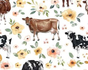 Cow Floral Fabric, Farm Fabric, Dairy Cow, Fabric by the Yard, Cate and Rainn, Quilting Cotton, Spandex, Sateen, Minky, Ribbed Knit, Canvas