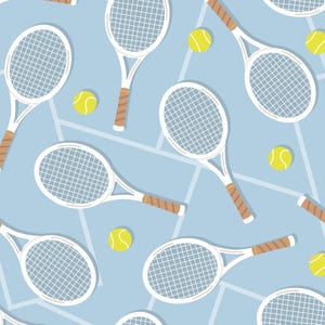 Blue Retro Tennis Racket Fabric, Fabric by the Yard, Sports Fabric, Little Smile Makers, Quilting Cotton, Canvas, Spandex, Sateen, Jersey
