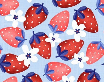 All American Strawberry Fabric, 4th of July, Fabric by the Yard, Krystal Winn, Broadcloth, Quilting Cotton, Spandex, Bamboo,Swim Fabric