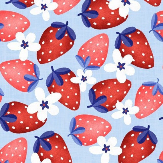 Strawberry Fabric, 4th of July Fabric, Fabric by the Yard, Krystal Winn, Broadcloth, Quilting Cotton, Spandex, Bamboo, Swim Fabric, Canvas
