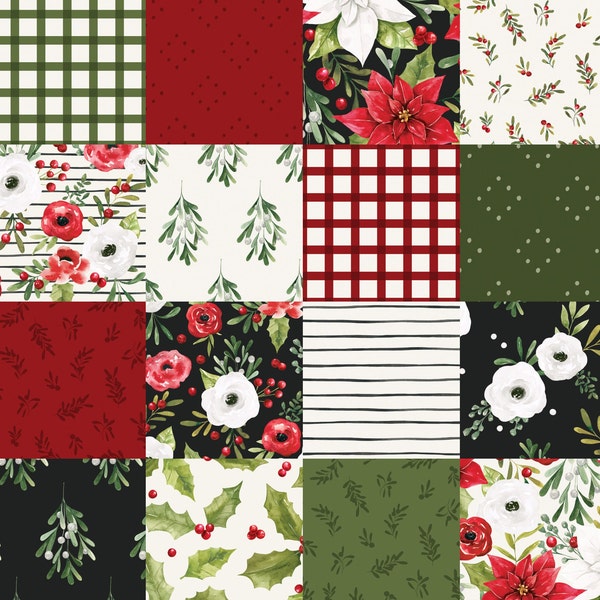 Christmas Patchwork Fabric, Faux Quilt Fabric, Fabric by the Yard, Christmas Floral Fabric, Cate & Rainn, Quilting Cotton, Broadcloth,Sateen