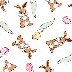 Easter Bunny and Tulip Fabric, Cute Easter Fabric, Fabric by the Yard, Quilting Cotton, Sateen, Knit Fabric, Canvas, Fat Quarter, Bamboo