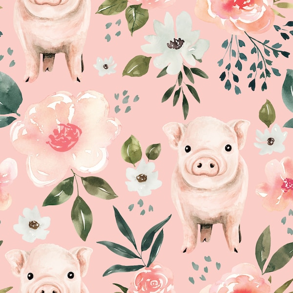 Pink Vintage Spring Pig Floral Fabric, Fabric by the Yard, Cate and Rainn, Farm Fabric, Quilting Cotton, Jersey, Spandex, Canvas, Sateen