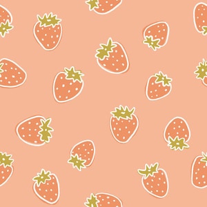 Könnte beinhalten: Ein nahtloses Muster mit einem sich wiederholenden Design aus rosa Erdbeeren mit weißen Umrissen und grünen Blättern auf einem pfirsichfarbenen Hintergrund.