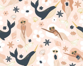 Boho Mermaid Fabric, Narwhal, Summer Fabric, Fabric by the Yard, Julie Storie, Swim Fabric, Boardshort Fabric, Knit Fabric, Quilting Cotton