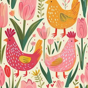 Chicken Tulip Fabric, Fabric by the Yard, Tori Egeler, Farm Animal Fabric, Chicken Quilt Fabric, Canvas, Sateen, Knit Fabric, Minky