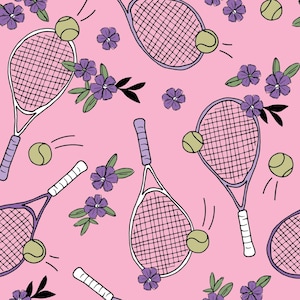 Pink Tennis Racket Floral Fabric, Fabric by the Yard, Sports Fabric, Little Smile Makers, Quilting Cotton, Canvas, Spandex, Sateen, Jersey