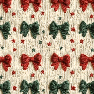 Könnte beinhalten: Ein sich wiederholendes Muster aus gestrickten Schleifen und Sternformen in Rot und Grün auf cremefarbenem Hintergrund. Die Schleifen sind gleichmäßig verteilt und scheinen von der Oberfläche abgehoben zu sein, wodurch ein texturierter Effekt entsteht. Die Sterne sind klein und über das Design verstreut.