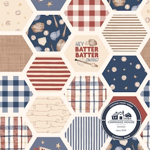 May include: A baseball-themed pattern with a variety of hexagonal designs. The pattern includes baseballs, bats, gloves, and stars on a navy blue background. Other designs include red and white stripes, gingham, and the text "Hey Batter Batter Swing!"