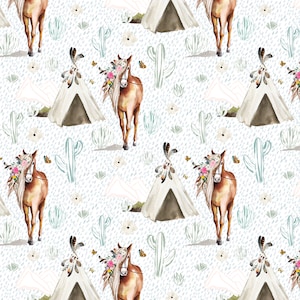 Boho Floral Horse Fabric, Western Horse Fabric, Fabric by the Yard, Shop Cabin, Quilting Cotton, Broadcloth, Canvas, Sateen, Knit Fabrics