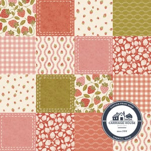 May include: A patchwork design featuring squares with various patterns. The patterns include strawberries, gingham, and wavy lines in shades of red, pink, and green. Some squares have a stitched border. A shop logo is in the bottom right corner.