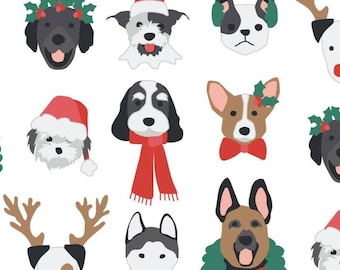 Christmas Dog Fabric, Santa Dog Fabric, Fabric by the Yard, Hey Cute, Quilting Cotton, Knit Fabric, Spandex, Canvas, Bamboo, Minky, Sateen