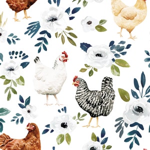 White Chicken Floral Fabric, Fabric by the Yard, Cate and Rainn, Quilting Cotton, Broadcloth, Organic Cotton, Spandex, Bamboo, Canvas