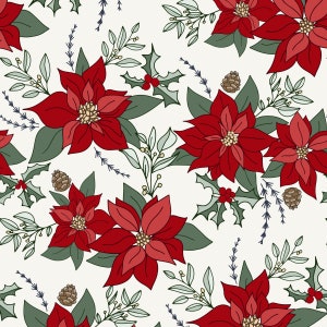 Christmas Poinsettia Fabric, Fabric by the Yard, Chistmas Floral Fabric, Quilting Cotton, Jersey, Bamboo, Canvas, Spandex, Sateen,Broadcloth