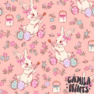 Pink Easter Bunny Fabric, Fabric by the Yard, Cute Easter Fabric, Camila Prints, Quilting Cotton, Sateen, Knit Fabric, Fat Quarter, Spandex