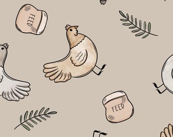 Tan Chicken Fabric, Fabric by the yard, Farm Animal Fabric, By Design Graphics, Quilting Cotton, Broadcloth, Canvas, Ribbed Knit, Jersey
