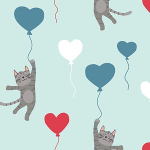 Blue Cat Heart Balloon Fabric, Valentine&#39;s Day Fabric, Fabric by the Yard, Hey Cute Design, Quilting Cotton, Knit Fabric, Canvas, Spandex