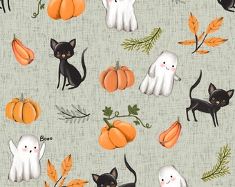 Cats and Pumpkins Halloween Fabric, Fabric by the Yard, Petit Faon, Quilt Fabric, Bamboo, Jersey, Organic Cotton, Rib Knit, French Terry