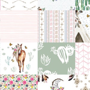 Puede incluir: Un collage digital de 12 patrones diferentes con un tema del suroeste. Los patrones incluyen rayas rosas y blancas, un patr&oacute;n floral, un patr&oacute;n de cactus, un patr&oacute;n de monta&ntilde;a, un patr&oacute;n de caballo y un patr&oacute;n de atrapasue&ntilde;os.