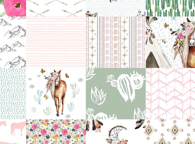 Puede incluir: Un collage digital de 12 patrones diferentes con un tema del suroeste. Los patrones incluyen rayas rosas y blancas, un patr&oacute;n floral, un patr&oacute;n de cactus, un patr&oacute;n de monta&ntilde;a, un patr&oacute;n de caballo y un patr&oacute;n de atrapasue&ntilde;os.
