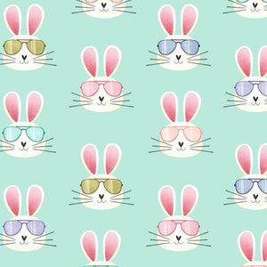 Easter Bunny Fabric, Easter Bunny Sunglasses Fabric, Fabric by the yard, Quilting Cotton, Canvas, Bamboo, French Terry, Ribbed Knit, Sateen