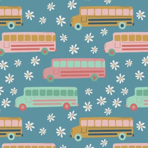 School Bus Daisy Fabric, Fabric by the Yard, Back to School Fabric, Quilting Cotton, Spandex, Bamboo, Jersey, Canvas, Rib Knit, French Terry