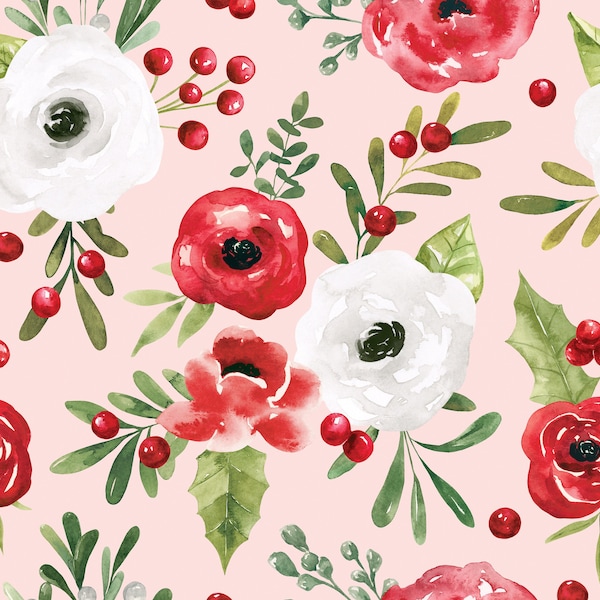 Pink Winter Floral Fabric, Fabric by the Yard, Christmas Floral Fabric, Cate & Rainn, Quilting Cotton, Jersey, Bamboo, Canvas, Sateen