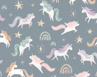 Blue Unicorn Fabric, Girl's Fabric, Fabric by the Yard, Jackie Jean Design, Quilting Cotton, Jersey, Spandex, Broadcloth, Sateen, Minky