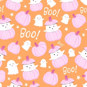 Ghost Pumpkin Fabric, Cute Halloween Fabric, Pink Orange Halloween Fabric, Colour & Joy, Quilting Cotton, Knit Fabric, Canvas, Jersey Knit