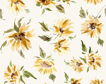 Watercolor Sunflower Fabric, Fall Floral Fabric, Fabric by the Yard, Melissa Johnson, Quilting Cotton, Broadcloth, Sateen, Minky, Lawn