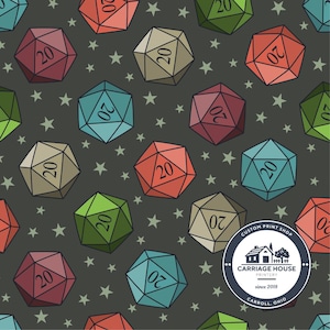 May include: A repeating pattern of multi-colored twenty-sided dice on a dark gray background with small stars. Each die features the number 20. A circular logo in the bottom right corner reads: CUSTOM PRINT SHOP CARRIAGE HOUSE PRINTERY since 2018.