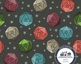 Gray D20 Dice Fabric, Role Playing Game Print, Becca Alessi