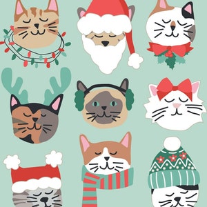 Christmas Cat Fabric, Christmas Kitty Fabric, Fabric by the Yard, Hey Cute Designs, Quilting Cotton, Sateen, Canvas, Knit Fabric, Minky
