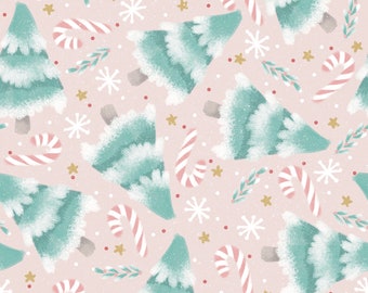 Pink Christas Tree Fabric, Candy Cane Fabric, Fabric by the Yard, Brittany Frost, Quilting Cotton, Knit Fabrics, Sateen, Minky, Broadcloth