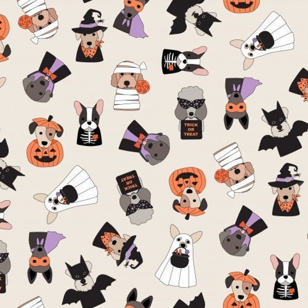 Trick or Treat Puppy Fabric, Fabric by the Yard, Hey Cute Designs, Halloween, Quilt Fabric, Bamboo, Jersey, Organic Cotton, Canvas