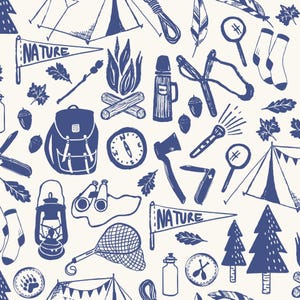 Blue Camping Fabric, Scouting Fabric, Fabric by the Yard, Hufton Studio, Quilting Cotton, Knit Fabric, Minky, Sateen, Broadcloth, Canvas