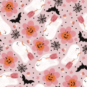 Cute Ghost Pumpkin Fabric, Pink Halloween Fabric, Fabric by the Yard, Brittany Frost, Quilting Cotton, Knit Fabrics, Canvas, Minky, Spandex