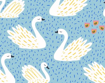 Tessuto Blue Swan, Tessuto con Uccellini Carini, Tessuto tagliato su misura, Solmariart, Cotone per Quilting, Tela, Panno Alto, Raso, Minky, Tessuti a Maglia