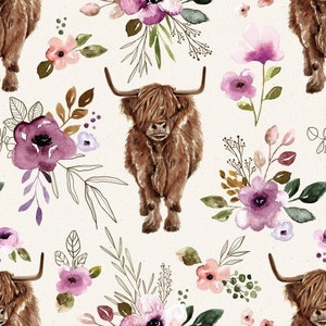 Tkanina Floral Highland Cow, Tkanina cięta na wymiar, Cate and Rainn, Bawełna pikowana, Sukno, Bawełna organiczna, Spandex, Bambus, Płótno