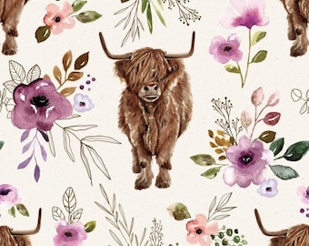 Floral Highland Cow Fabric, Fabric by the Yard, Cate and Rainn, Quilting Cotton, Broadcloth, Organic Cotton, Spandex, Bamboo, Canvas