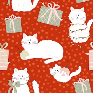 Christmas Cat Fabric, Christmas Kitty Fabric, Fabric by the Yard, Juniper Row Design, Quilting Cotton, Sateen, Canvas, Knit Fabrics, Minky