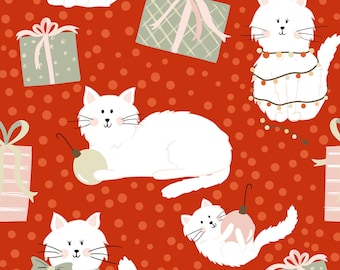Tela de gato navideño, tela de gatito navideño, tela cortada a medida, diseño de Juniper Row, algodón para acolchado, satén, lona, tejidos de punto, Minky