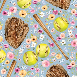 Softball Floral Fabric, Fabric by the Yard, Sports Fabric, Cate & Rainn, Quilting Cotton, Knit Fabric, French Terry, Bamboo, Canvas, Minky