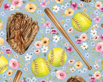 Softball Floral Fabric, Fabric by the Yard, Sports Fabric, Cate & Rainn, Quilting Cotton, Knit Fabric, French Terry, Bamboo, Canvas, Minky