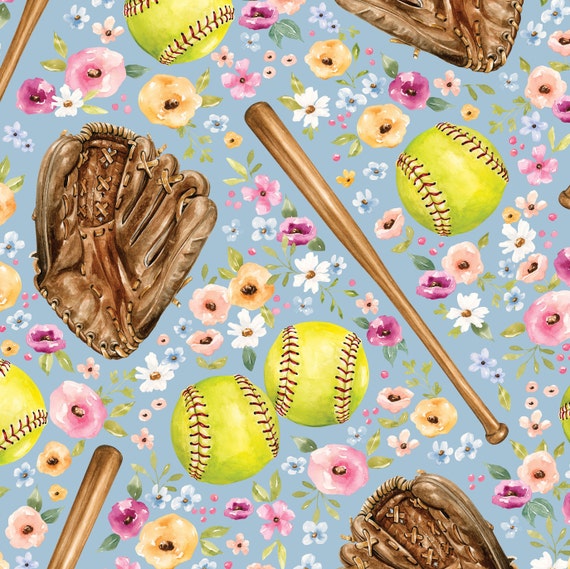 Softball Floral Fabric, Fabric by the Yard, Sports Fabric, Cate & Rainn, Quilting Cotton, Knit Fabric, French Terry, Bamboo, Canvas, Minky
