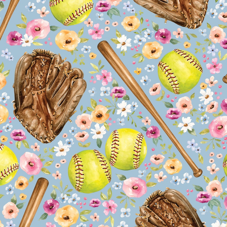 May include: A seamless pattern featuring watercolor illustrations of baseballs, gloves, bats, and flowers on a light blue background.